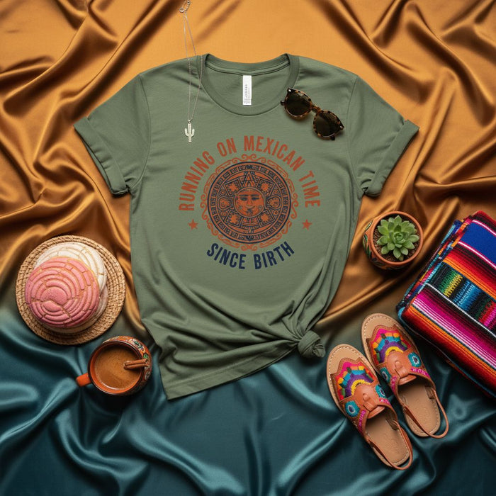 Running on Mexican Time Since Birth Aztec Calendar T-Shirt, Unisex Olive Green Graphic Tee, Cultural Heritage Shirt, Cinco de Mayo Apparel, Mexico Pride Gift