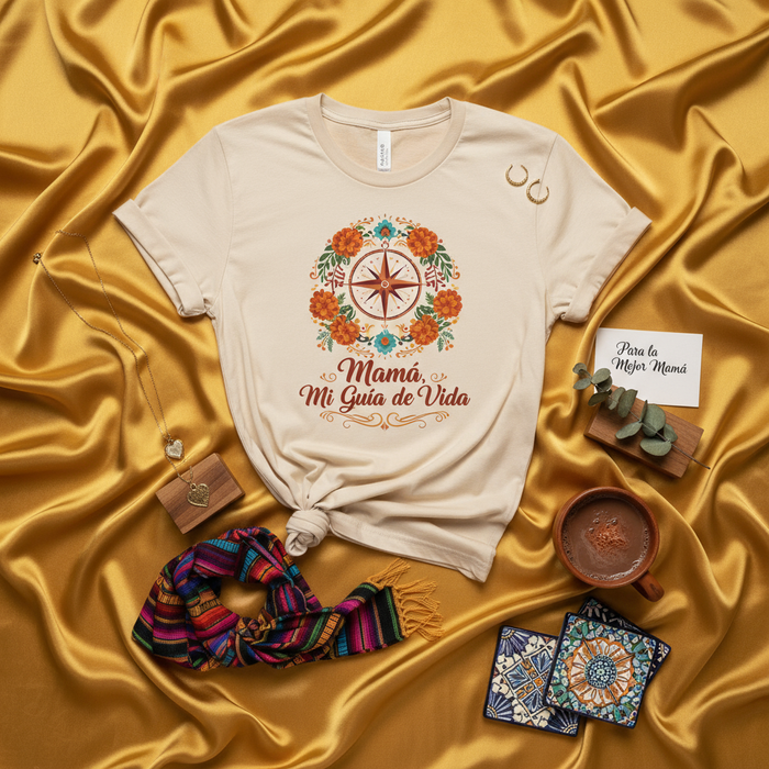 Mamá, Mi Guía de Vida T-Shirt, Mother's Day Gift, Spanish Shirt for Mom, Floral Compass Design Tee, Regalo para Mamá, Mexican Folk Art Style, Camiseta Unisex, Women's Beige Shirt