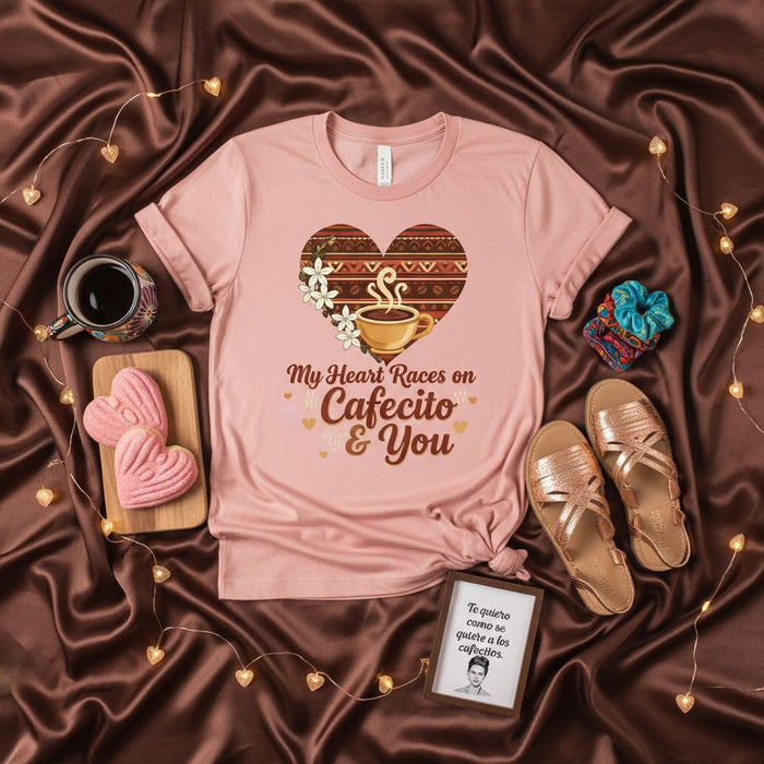 My Heart Races on Cafecito & You T-Shirt, Coffee Lover Gift, Pink Cafecito Shirt, Latinx Latina Funny Quote Tee, Cute Heart Design, Spanish English Mix Slogan Top, Cozy Espresso Tea Drinker Apparel
