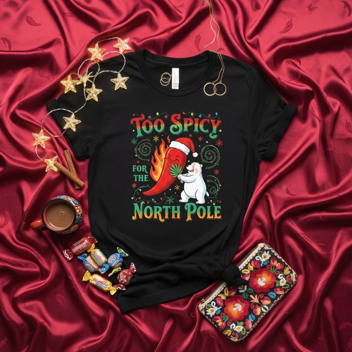 Too Spicy For The North Pole Shirt, Funny Christmas Polar Bear Chili Pepper Weed Cannabis Leaf T-Shirt, Holiday Gift, Unisex Black Tee Apparel