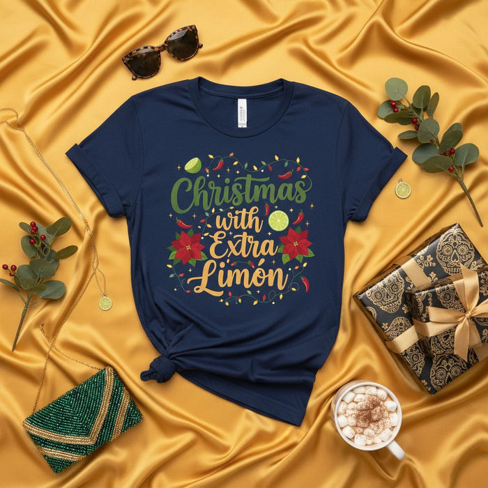 Christmas with Extra Limón T-Shirt, Funny Holiday Shirt, Mexican Food Lover Gift, Navidad Tee with Lime and Chili Peppers, Unisex Graphic Top