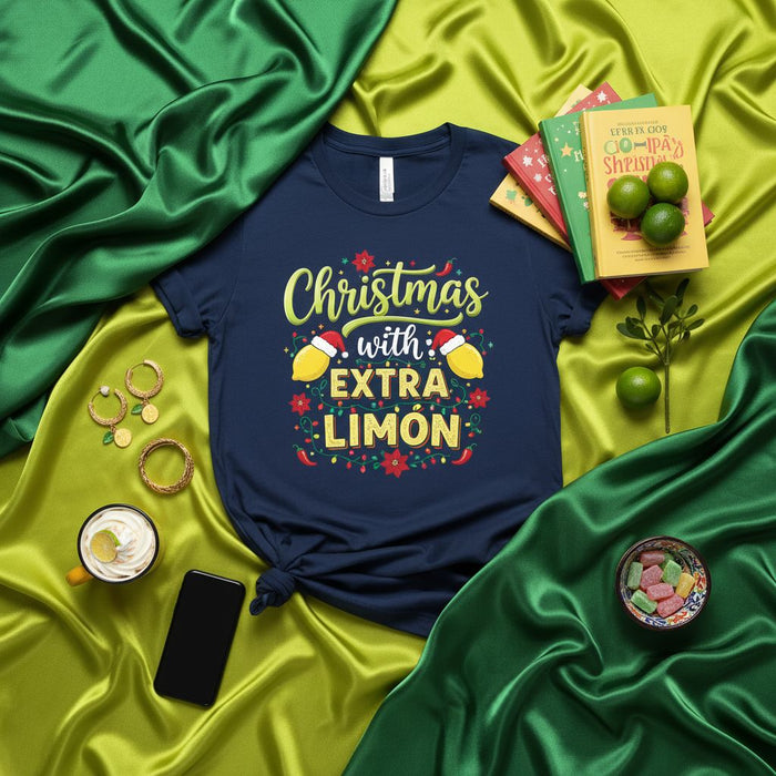 Christmas with Extra Limón T-Shirt, Funny Holiday Shirt, Navy Blue Unisex Graphic Tee with Lemons and Peppers, Festive Limoncello Party Apparel, Spanish English Pun Shirt, Unique Christmas Gift Idea