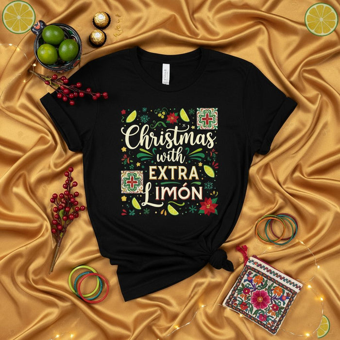 Christmas with Extra Limón T-Shirt, Funny Holiday Shirt, Mexican Tile Design, Limoncello Lover Gift, Festive Limon Fiesta Tee, Unisex Graphic Apparel for Christmas Parties and Celebrations.
