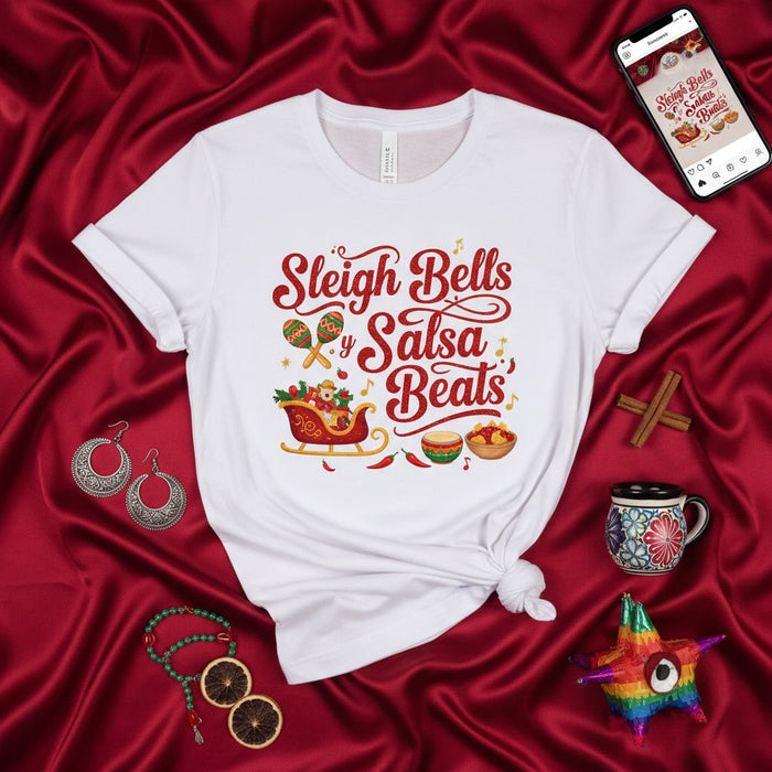 Sleigh Bells y Salsa Beats Christmas T-Shirt, Latin Holiday Dance Party Tee, Funny Xmas Graphic Shirt for Men and Women, Festive Santa Sleigh and Maraca Design, Navidad Celebration Top