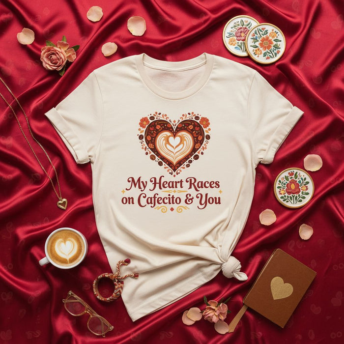 Il Mio Cuore Batte per Cafecito e Te T-Shirt, Maglietta Unisex con Design a Cuore di Caffè Latte, Maglia Amore Spanglish, Regalo San Valentino, Carino Abbigliamento Floreale Cafecito