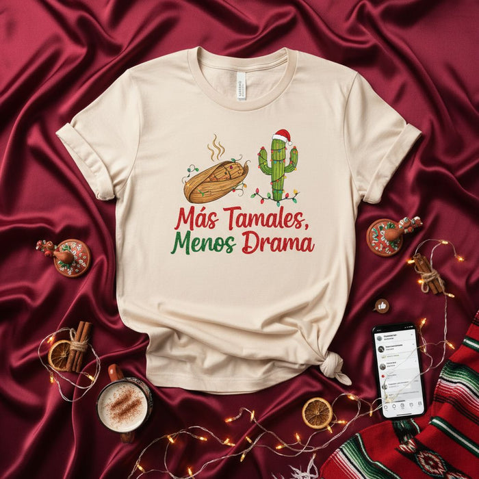 Más Tamales, Menos Drama Christmas T-Shirt, Funny Tamale Holiday Tee, Cactus Santa Hat Shirt, Festive Mexican Food Gift, Xmas Party Shirt