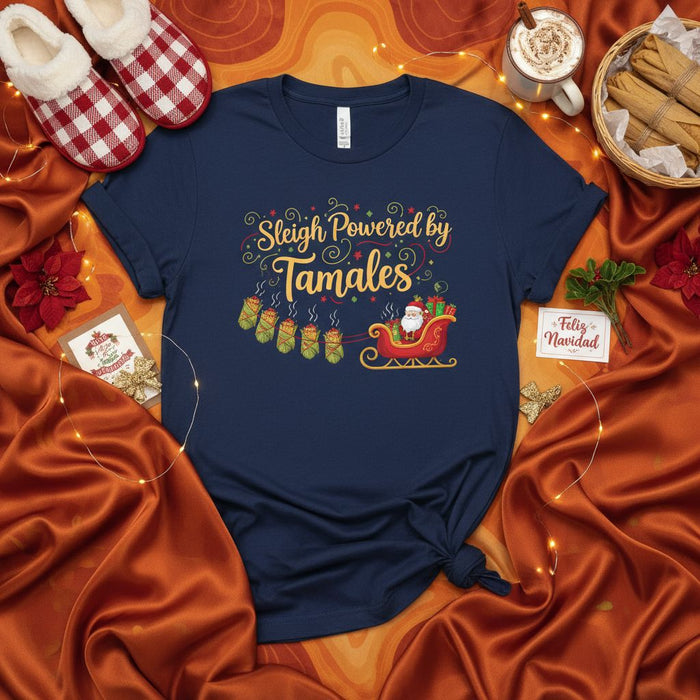 Sleigh Powered by Tamales Christmas Shirt, Funny Santa Claus Tamale T-Shirt, Feliz Navidad Holiday Graphic Tee, Unisex Winter Party Top, Mexican Food Lover Gift Idea.