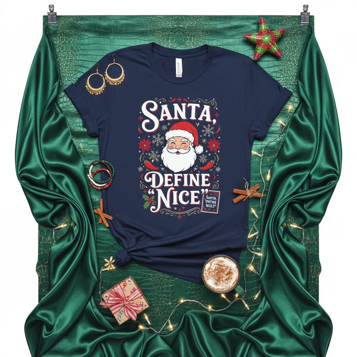Santa, Define "Nice" Sorta Define Nice Christmas T-Shirt, Funny Ugly Holiday Sweater Style Tee, Navideño, Cute Santa Claus Shirt, Festive Navidad Gift for Men and Women, Red Chili Peppers and Holly Design