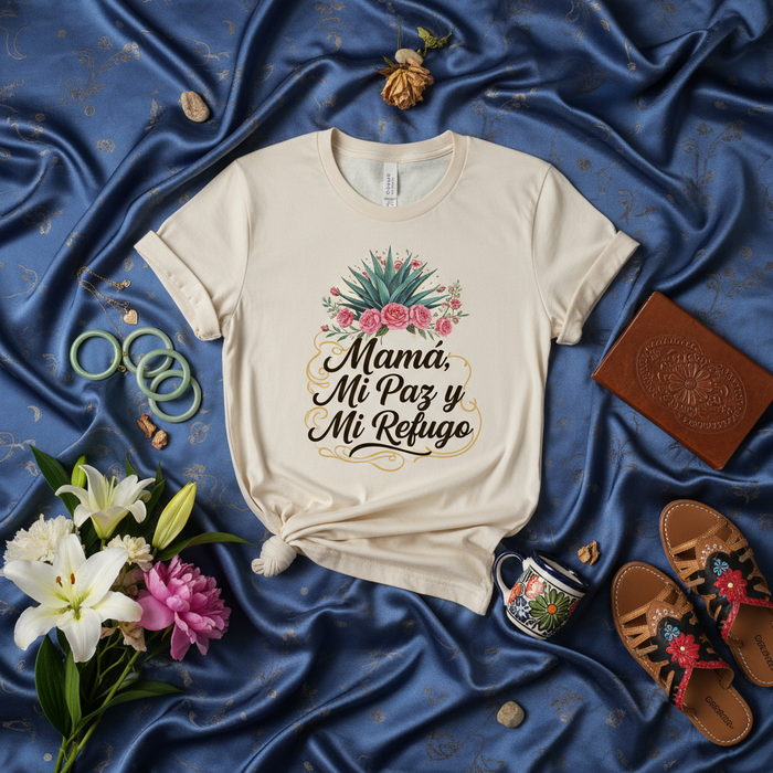 Mamá, Mi Paz y Mi Refugio T-Shirt, Mother's Day Shirt with Agave and Roses, Spanish Mom Tee Gift, Hispanic Mother's Day Shirt, Unisex Shirt, Camiseta Día de la Madre