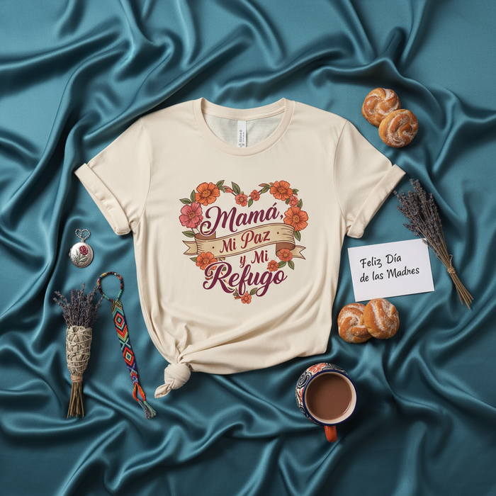 Mamá Mi Paz y Mi Refugio T-Shirt, Camiseta Regalo para el Día de las Madres, Corazón Floral, Regalo de Amor y Aprecio a Mamá, Playera Unisex en Español, Ropa para Celebración de Madres