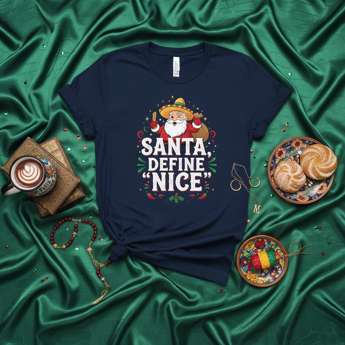 Santa Define Nice Funny Mexican Fiesta Christmas T-Shirt, Mariachi Santa Sombrero Serape Graphic Tee, Feliz Navidad Holiday Party Shirt, Humor Sarcastic Joke Gift for Men and Women, Spanish-English Pun Outfit Idea