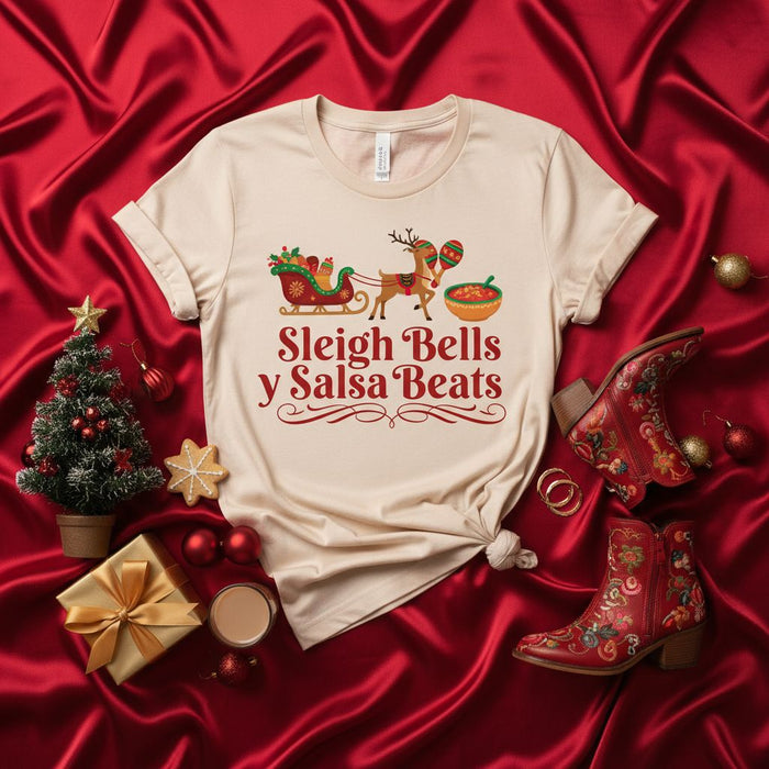 Sleigh Bells y Salsa Beats Christmas T-Shirt, Reindeer Sleigh with Sombrero and Bowl of Salsa, Festive Holiday Tee, Unisex Latino Xmas Apparel, Funny Spanish English Mixed Text Saying Top