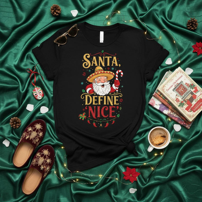 Santa, Define Nice Sombrero Mexican Ugly Christmas T-Shirt, Funny Holiday Fiesta Tee with Candy Cane, Chile Peppers, and Mariachi Santa Claus Graphic.