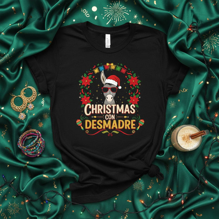 Christmas con Desmadre Shirt Funny Donkey Wearing Santa Hat Poinsettia Wreath T-Shirt Unisex Navidad Party Gift Tee T-shirt Spanish English Mexican Family Holiday Celebration Apparel