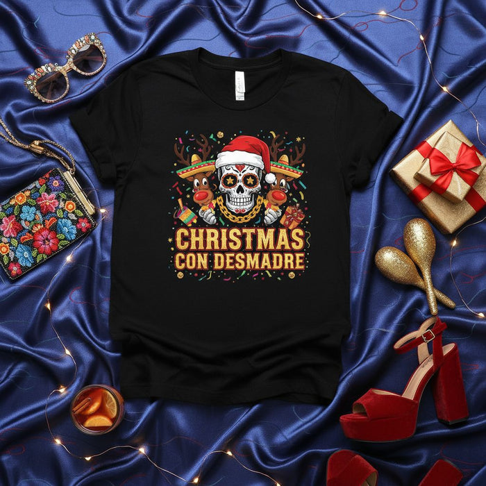 Christmas Con Desmadre Sugar Skull Reindeer Sombrero Mexican Fiesta Ugly Christmas T-Shirt, Funny Holiday Party Gift for Men Women, Xmas Calavera Tee Shirt, Mexican Christmas Vibe Apparel.