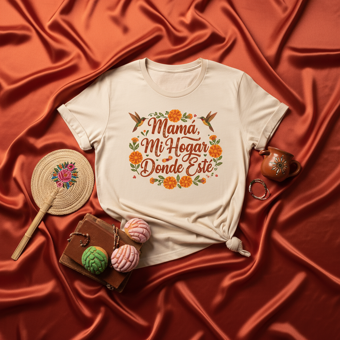 Mamá Mi Hogar Donde Esté Camiseta Unisex con Diseño Floral de Cempasúchil y Colibríes, Regalo para el Día de las Madres o Aniversario de Familia, Ropa con Frase en Español sobre Amor y Familia