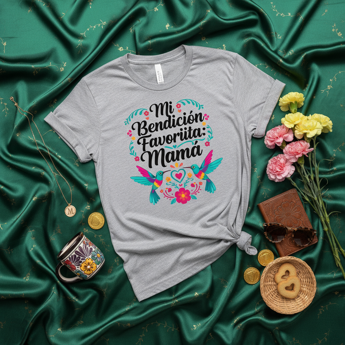 Mi Bendición Favorita Mamá T-Shirt, Día de la Madre Regalo, Hummingbird Floral Graphic Tee, Spanish Quote Mother's Day Shirt, Blessed Favorite Mom Gift Idea