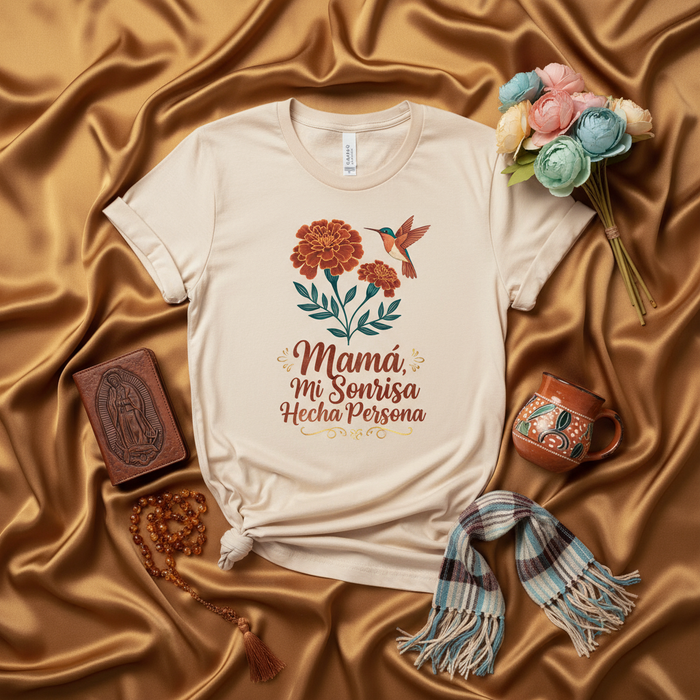 Mamá Mi Sonrisa Hecha Persona T-Shirt, Mother's Day Gift, Hummingbird Marigold Flower Tee, Spanish Quote Shirt for Mom, Regalo para Mamá, Mexican Culture Inspired Graphic T-Shirt, Beige Unisex Shirt