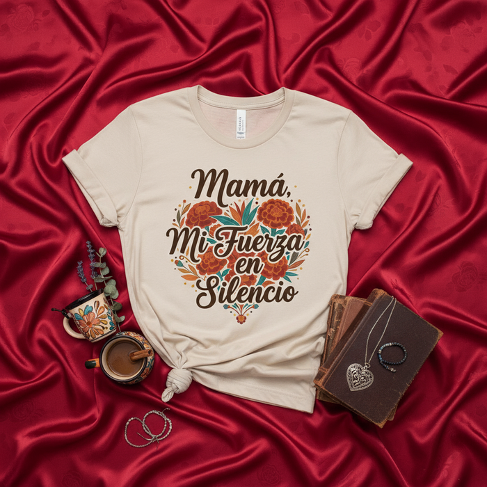 Mamá Mi Fuerza en Silencio Camiseta Unisex, Día de la Madre, Floral Corazón, Regalo para Mamá Latina, T-shirt con Frase Española, Amor de Madre, Playera Familiar
