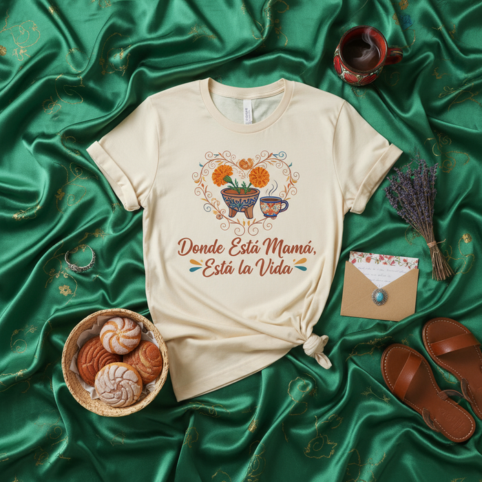 Donde Está Mamá, Está La Vida T-Shirt, Spanish Mother's Day Gift, Floral Heart Cempasúchil Marigold, Mexican Concha Bread, Coffee Mug Design, Día de las Madres T-Shirt, Unisex Tee for Mom, Latina Culture Gift, Family Love Apparel.