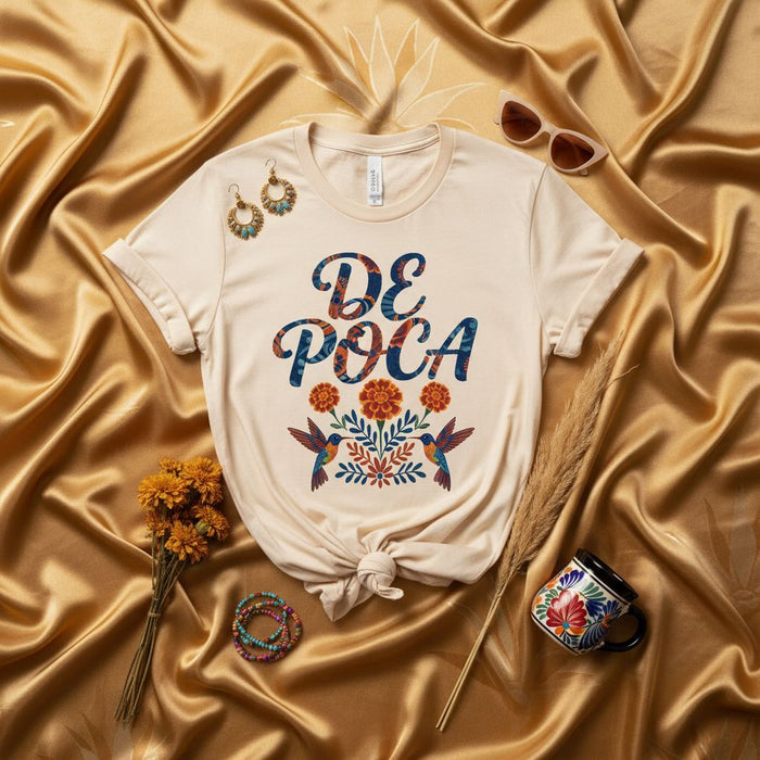 De Poca Madre Hummingbird Floral Print Unisex T-Shirt, Mexican Fiesta Inspired Graphic Tee, Folk Art Style Shirt, Latina Apparel Gift for Her
