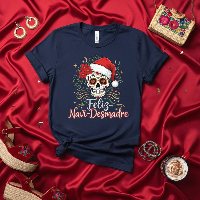 Feliz Navi-Desmadre Sugar Skull T-Shirt, Christmas Day of the Dead Calavera Tee, Festive Poinsettia Santa Hat Mexican Holiday Unisex Shirt