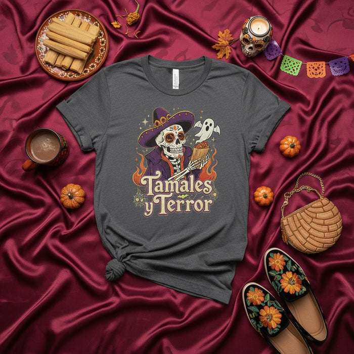 Tamales y Terror Día de Muertos Skeleton T-Shirt, Spooky Mexican Food Day of the Dead Shirt, Sugar Skull Ghost Festival Tee, Halloween Calavera Gift.