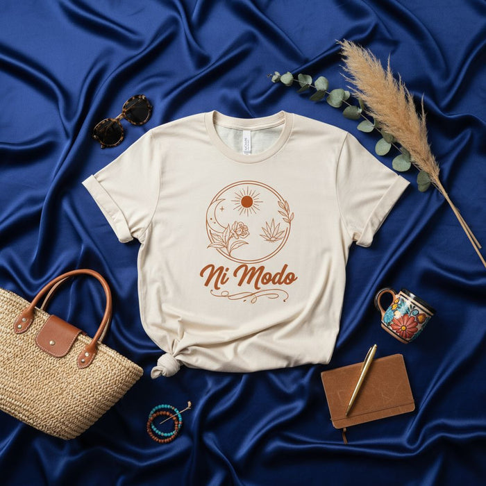Ni Modo Shirt, Boho Sun Moon Flower Weed Leaf Graphic Tee, Spanish Slang T-Shirt, Casual Unisex Cotton Top, Beige Aesthetic Apparel