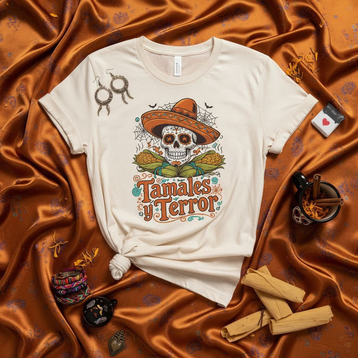 Tamales y Terror Day of the Dead Sugar Skull Sombrero T-Shirt, Halloween Dia de Muertos Spooky Corn Tamale Festival Unisex Tee Shirt