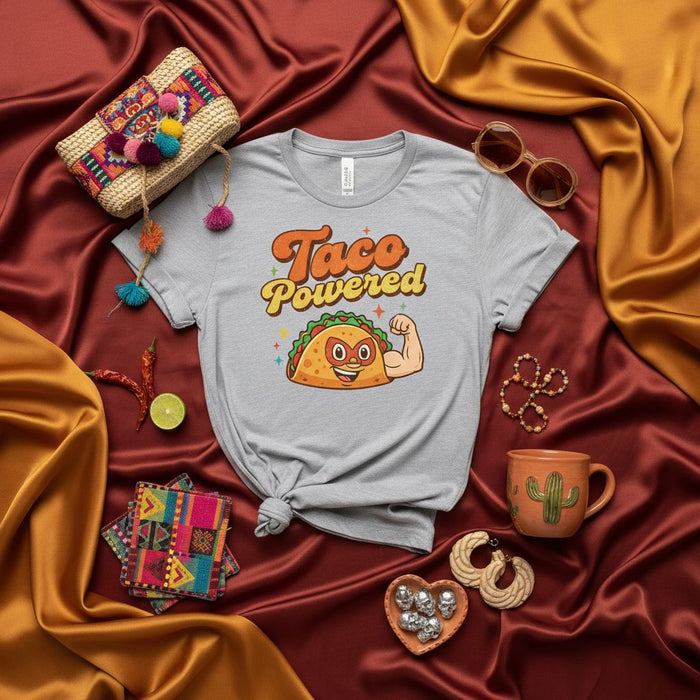 Taco Powered T-Shirt Funny Strong Taco Cartoon Graphic Tee Unisex Shirt for Food Lovers Mexican Fiesta Cinco de Mayo Party Gift Idea for Men and Women