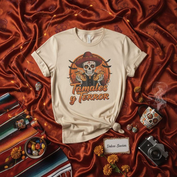 Tamales y Terror Day of the Dead Skull T-Shirt, Halloween Dia de Muertos Sugar Skull Sombrero Unisex Tee, Spooky Fall Festival Food Shirt