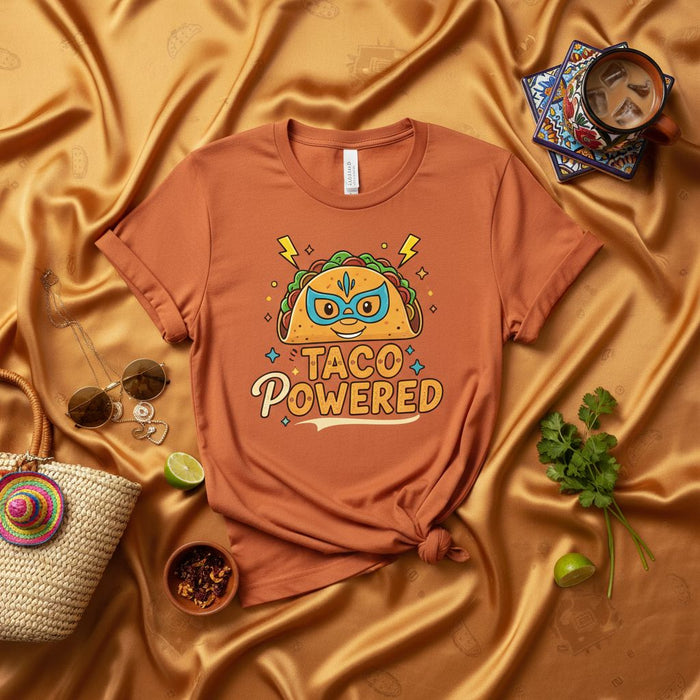TACO POWERED Lucha Libre Taco Mask T-Shirt, Funny Cinco de Mayo Graphic Tee, Mexican Food Lover Gift, Unisex Softstyle Short Sleeve Shirt, Humor Fiesta Apparel