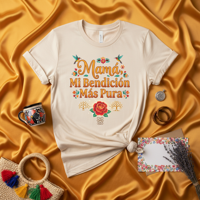 Mamá Mi Bendición Más Pura T-Shirt | Spanish Mother's Day Gift Tee | Floral Hummingbird Design | Regalo para Mamá | Tan Unisex Shirt
