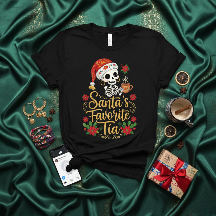 Santa's Favorite Tía Skeleton Christmas T-Shirt, Funny Dia De Los Muertos Aunt Holiday Tee, Festive Poinsettia Skull Coffee Mug Xmas Gift for Latina Godmother, Spanglish Family Celebration Apparel