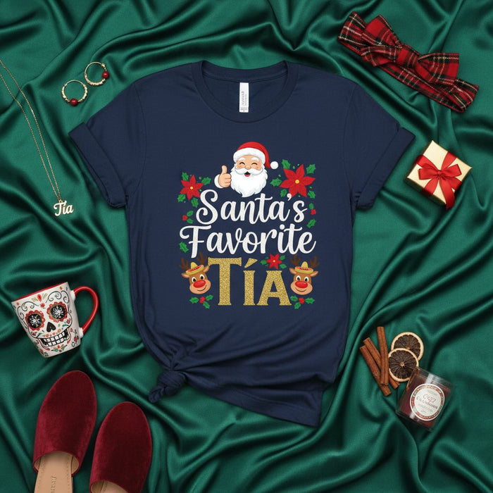 Santa's Favorite Tía T-Shirt, Funny Mexican Christmas Family Tee, Spanish Aunt Holiday Shirt with Sombrero Reindeer and Poinsettias, Cute Latina Christmas Gift Idea for Tía