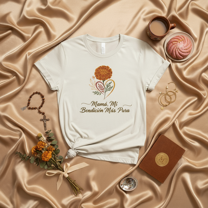 Mamá, Mi Bendición Más Pura Camiseta Unisex, Día de la Madre Floral de Cempasúchil, Regalo para Mamá, Blusa con Mensaje en Español, Estilo Boho Corazón Dorado, Ropa Espiritual y Familiar