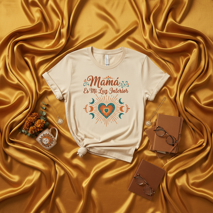 Mamá Es Mi Luz Interior Boho Sun Moon Heart T-Shirt, Celestial Spanish Mother's Day Gift Tee, Spiritual Mommy Shirt, Mystical Bohemian Style Top for Her