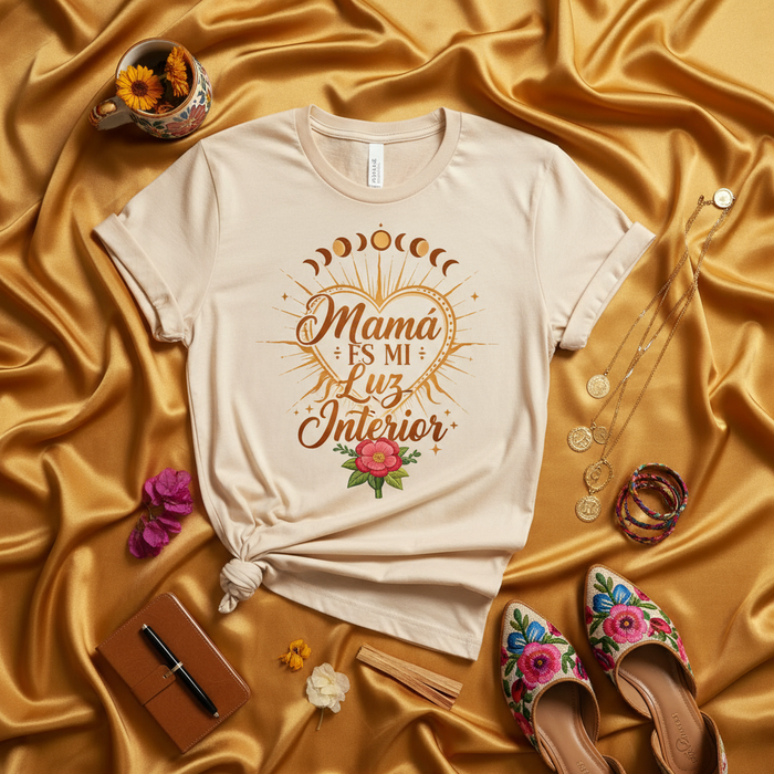 Mamá Es Mi Luz Interior T-Shirt, Mother's Day Gift, Spanish Mom Shirt, Celestial Sun Moon Phases Heart Design, Floral Graphic Tee, Inspirational Spiritual Mama Top