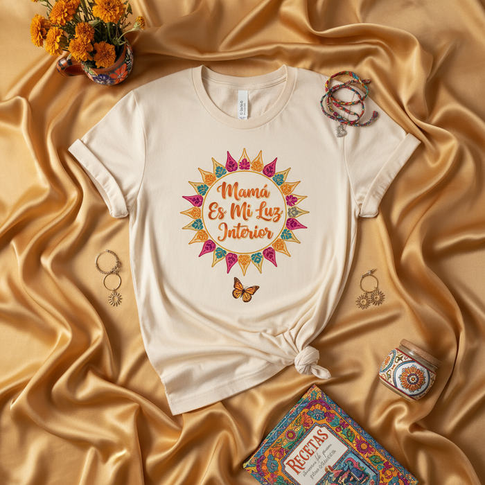 Mamá Es Mi Luz Interior T-Shirt, Mother's Day Gift, Inspirational Spanish Quote Tee, Monarch Butterfly, Boho Sun Design, Mom Life Shirt, Unisex Softstyle Graphic Top