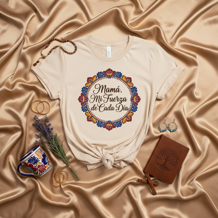 Mamá, Mi Fuerza de Cada Día T-Shirt, Mother's Day Gift, Spanish Mama Shirt, Floral Wreath Design, Hispanic Mom Tee, Latina Mother Apparel, Daily Strength Quote, Neutral Color Unisex Shirt, Cultural Family Gift Idea