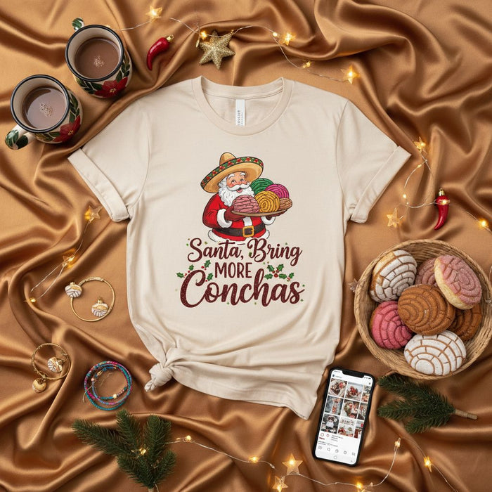 Santa, Bring More Conchas T-Shirt, Funny Mexican Christmas Shirt, Hispanic Holiday Apparel, Pan Dulce Sweater, Sombrero Santa Claus Tee, Unisex Gift for Concha Lover