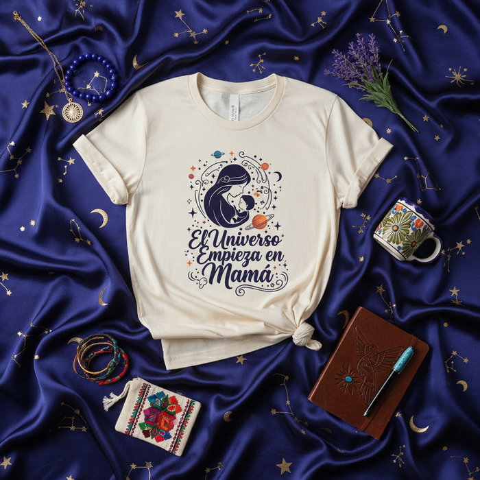 El Universo Empieza en Mamá T-Shirt, Spanish Mother's Day Tee, Cosmic Mom and Baby Silhouette, Celestial Pregnancy Reveal Gift, Esoteric Space Theme Shirt, Cute Short-Sleeve Motherhood Apparel