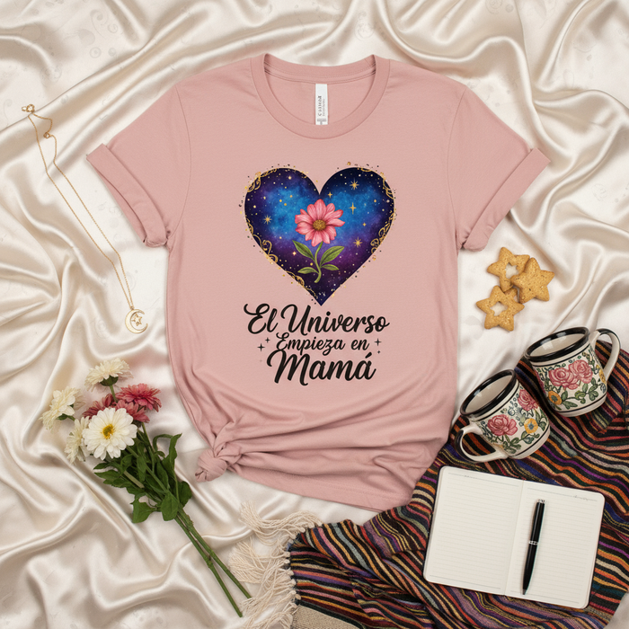 El Universo Empieza en Mamá T-Shirt, Camiseta de Corazón de Galaxia Floral para Mamá, Regalo del Día de la Madre en Español, Ropa para Madres, Playera Unisex Rosa