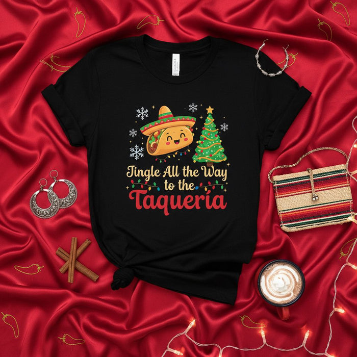 Jingle All the Way to the Taqueria Funny Christmas Taco Shirt Unisex, Holiday Fiesta T-Shirt, Mexican Food Lover Xmas Tee with Sombrero and Tree Graphic