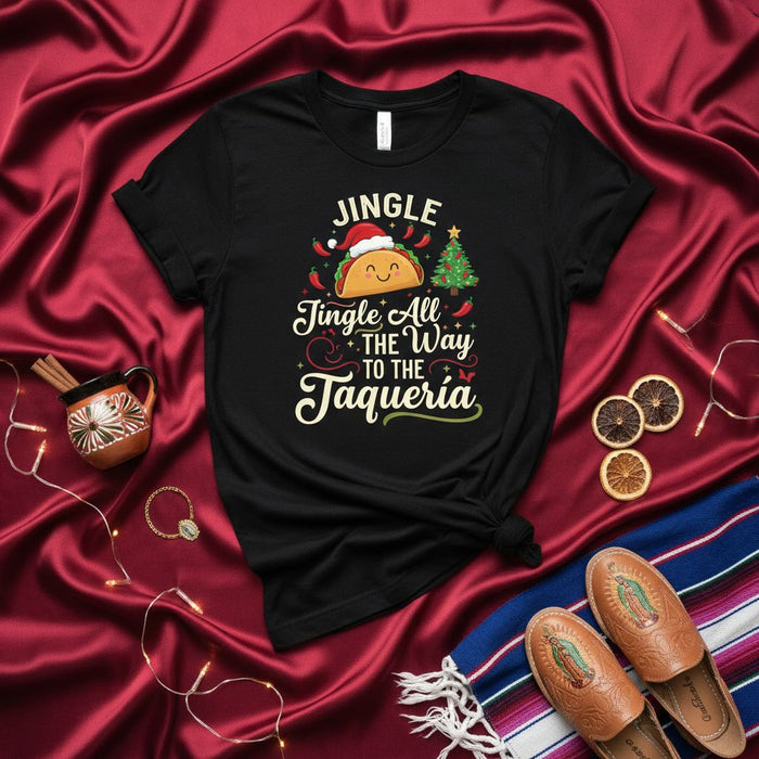 Jingle Jingle All The Way To The Taquería Christmas Taco Shirt, Funny Holiday Fiesta T-Shirt, Mexican Food Lover Xmas Tee, Cute Taco Santa Hat Graphic, Unisex Black Apparel