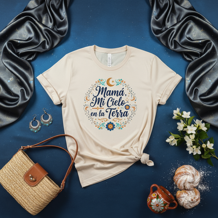 Mamá Mi Cielo en la Tierra T-Shirt, Mother's Day Gift for Mom, Floral Spanish Quote Tee, Religious Celestial Sun Moon Star Graphic Shirt, Unisex Hispanic Apparel Gift