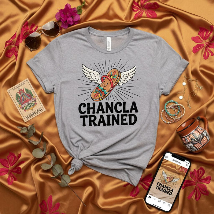 Chancla Trained T-Shirt | Funny Hispanic Latina Mom Culture Gift | La Chancla with Wings Graphic Tee | Unisex Soft Style Shirt for Mothers Day, Birthday, or Anytime