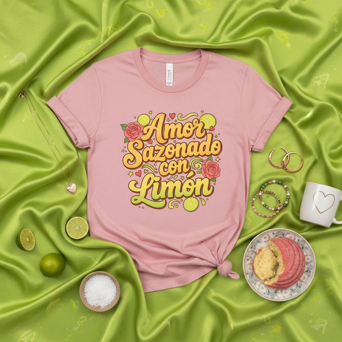 Amor Sazonado con Limón T-Shirt | Funny Spanish Quote Tee | Retro Groovy Design | Citrus Lover Gift | Cute Graphic Shirt for Women and Men
