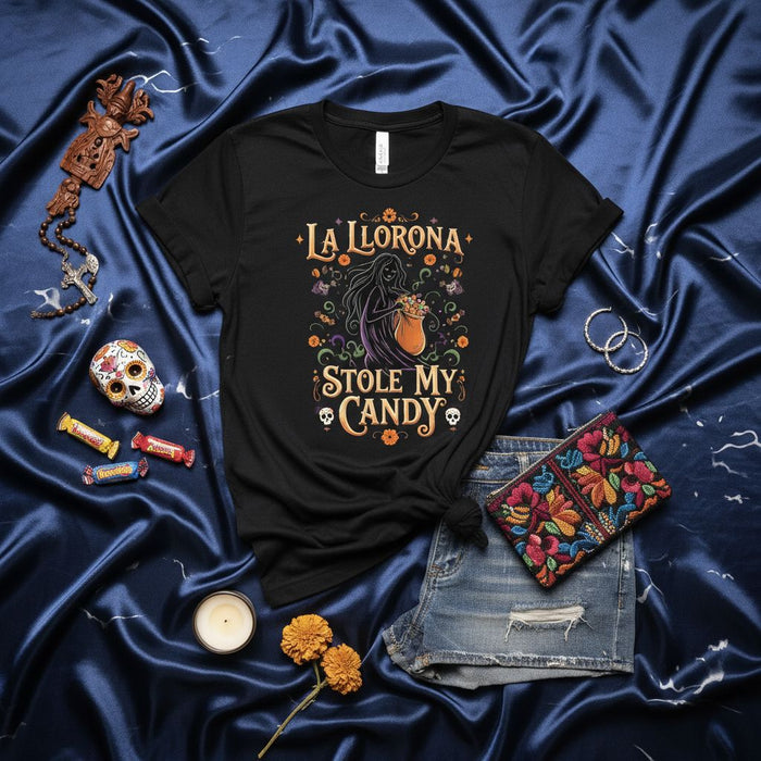 La Llorona Stole My Candy T-Shirt Spooky Halloween Costume Gift for Day of the Dead Sugar Skull Flower La Catrina Style Tee Unisex Graphic Top