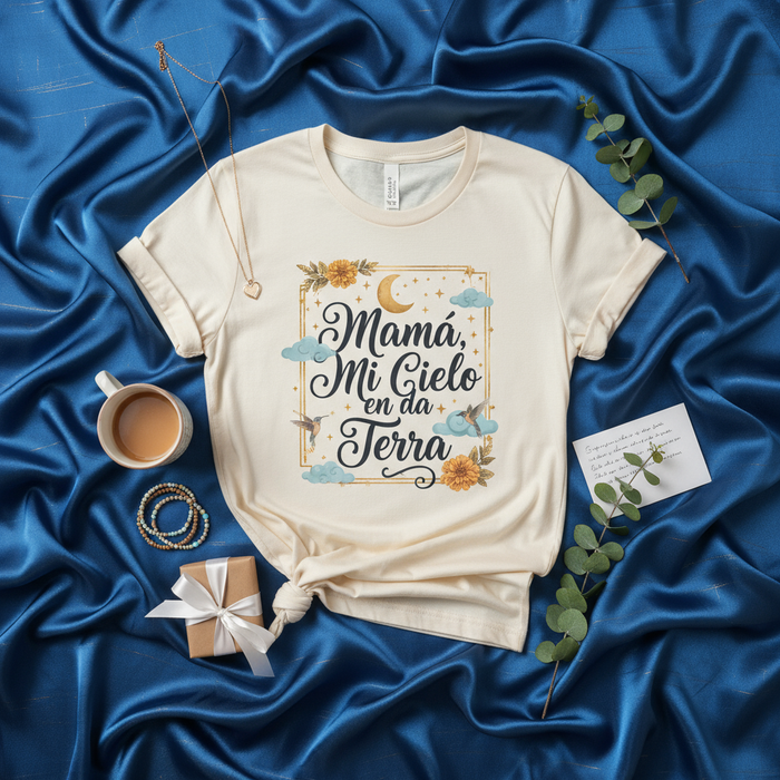 Mamá Mi Cielo en la Tierra Camiseta con Diseño de Colibríes, Nubes y Luna, Regalo para el Día de las Madres, Playera T-Shirt para Mamá en Español, Ropa para Mujer